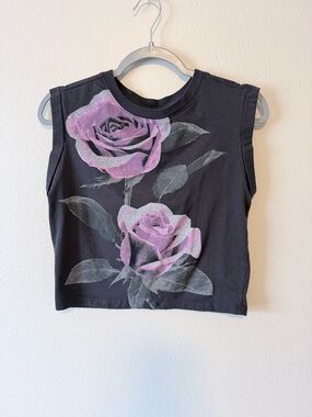 Vinyl Icons black women's Sleeveless Graphic Tank with Pink Rose Print